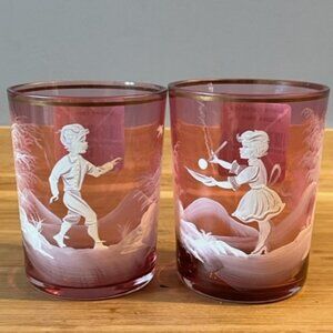Mary Gregory Pink glass antique Set of 2 glasses **READ**